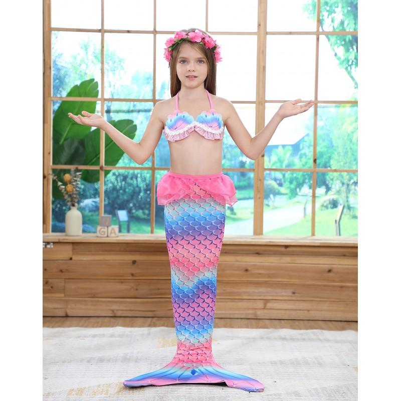Kids Mermaid Swimsuit Set Girls 3-Piece Bikini Swimwear With High Elasticity Solid Color Toddler Swimming Outfit