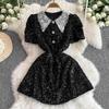 Summer Women Sweet Peter Pan Collar Black Sequined Diamonds Button Mini Short Fairy Princess Party Dresses