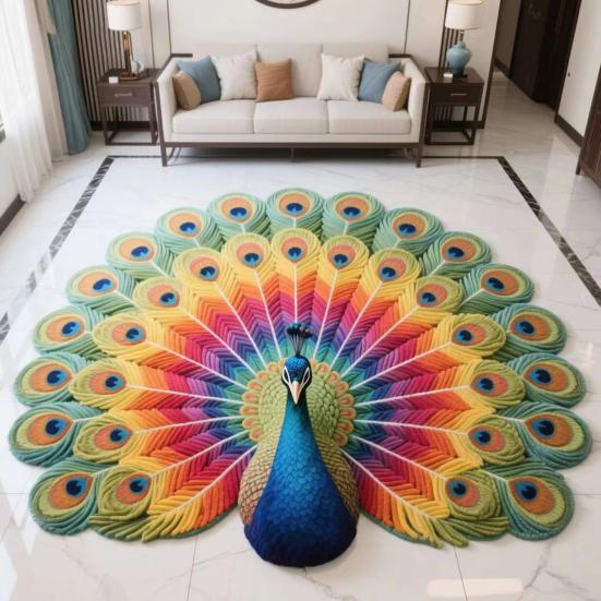 Yousheng Floor Mat Colorful 3D Peacock Design Quick-Drying Crystal Velvet Soft Absorbent Bath Rug Anti-slip Backing Easy Care Bathroom Mat
