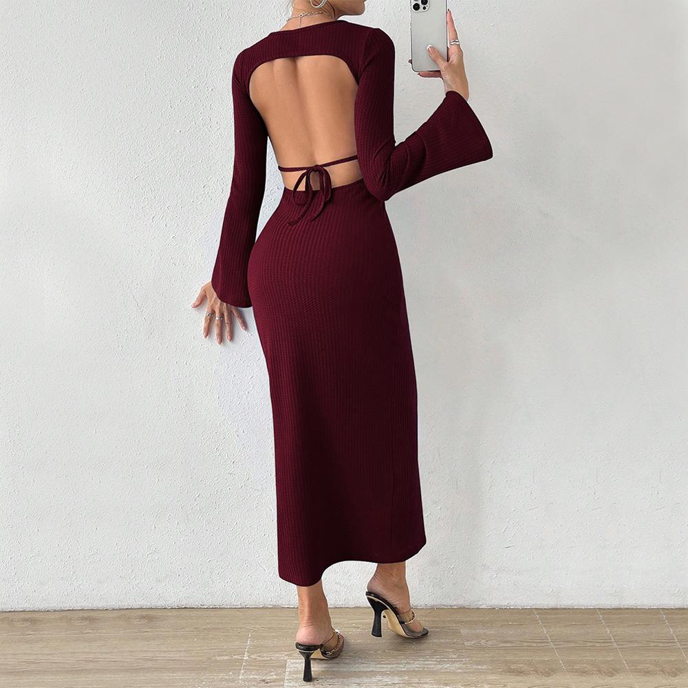 European and American women's clothing autumn and winter waist, thin and drape, hip-wrapped fishtail long dress, long-sleeved sexy backless dress