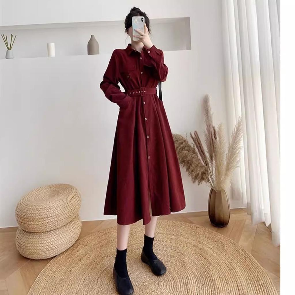Юбка-рубашка с застежкой на талии для женщин на осень и зиму, новая, средней длины, с утолщенными длинными рукавами, длиной выше колена