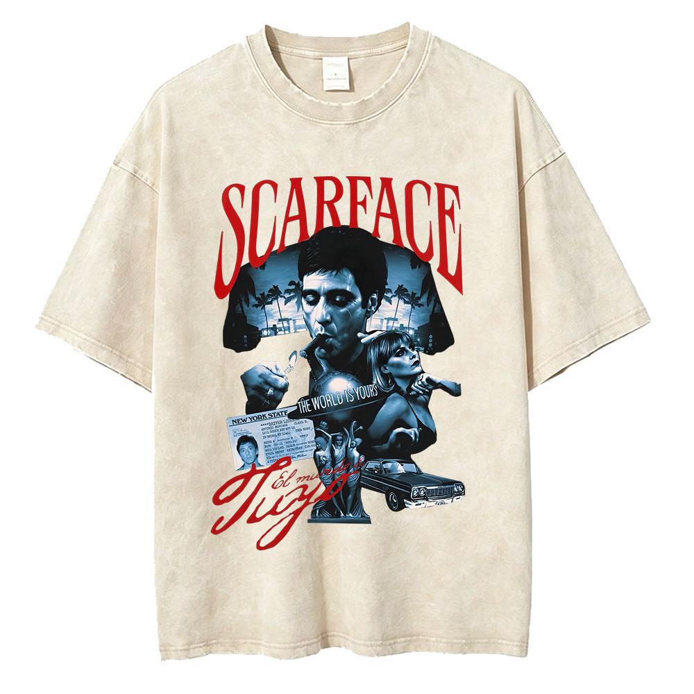 Movie Scarface The World Is Yours Vintage Washed Tshirt Tony Montana Al Pacino Unisex Unisex Clothing Oversized T Shirt Streetwear