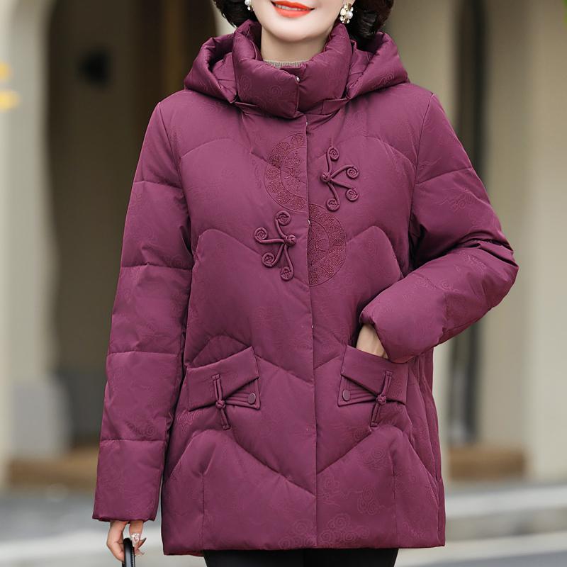 Middle Age Women Winter Short Down Jackets Vintage Embroidery Parkas Hooded Elegant Thick Warm Plus Size Down Coats Woman Outerwears