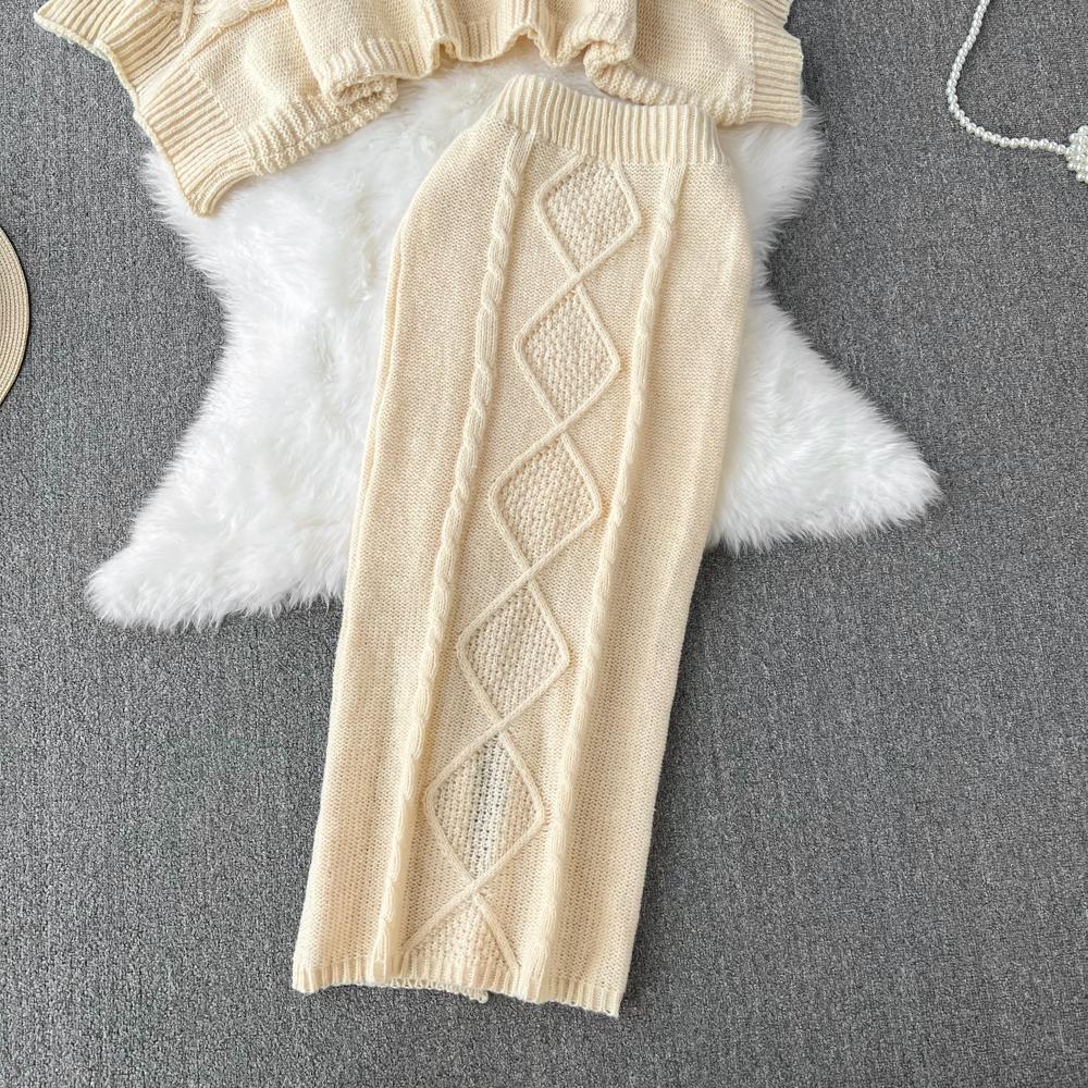 Осень-зима твист-жаккардовый свитер трикотажные костюмы свободные топы с рукавами «летучая мышь» + облегающая юбка-карандаш миди с разрезом комплект из 2 предметов