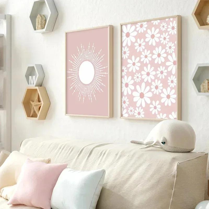 Pink Butterfly Wall Art Poster Nursery Canvas Print Painting Sun Rainbow Daisy Heart Posters Decor Kids Room Decorative Gift