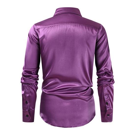 Мужская рубашка для выступлений с блестящими пайетками и отложным воротником, однобортная атласная рубашка с длинными рукавами и пуговицами для клубных вечеринок и сценических шоу