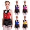 Kids Girls Latin Dance Wear Sleeveless Shiny Sequins Tassel Hem Leotard Dress for Figure Skating