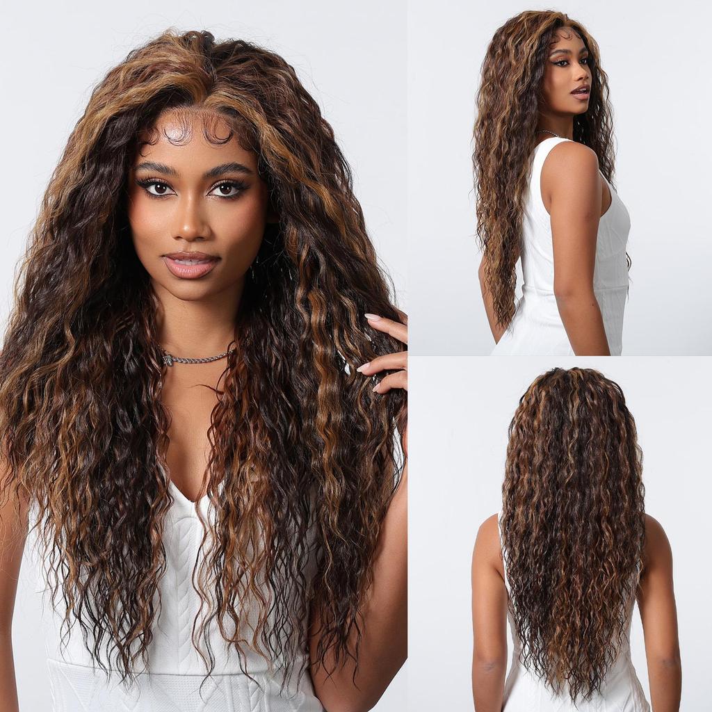 Louis FEREE 13x6 кружевные передние синтетические парики для женщин длинные волнистые темно-коричневые блики средняя часть кружевные парики повседневный косплей высокотемпературное волокно