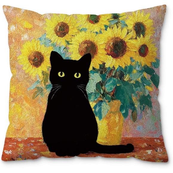 Boho Abstract Floral Black Cat Pillow Covers 18x18, Black Cat Gifts for Women, Cats Mom Lady Grandma Gifts, Whimsical Wildflower Kitten Decorative