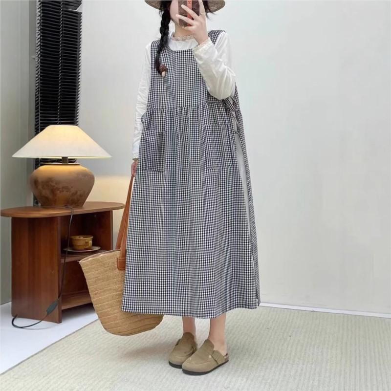 Johnature Платье в японском стиле в клетку, весеннее ретро, свободное, универсальное, многослойное, со шнуровкой и разрезом, прикрывающее женское платье
