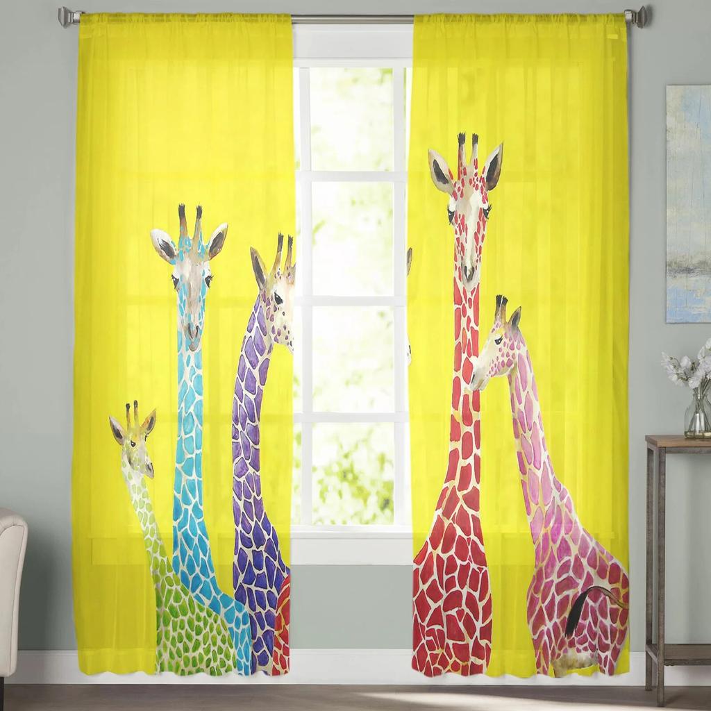 Giraffe Animal Oil Painting Tulle Curtains Balcony Room Fashion Printed Sheer Curtain Living Room Window Modern Decor