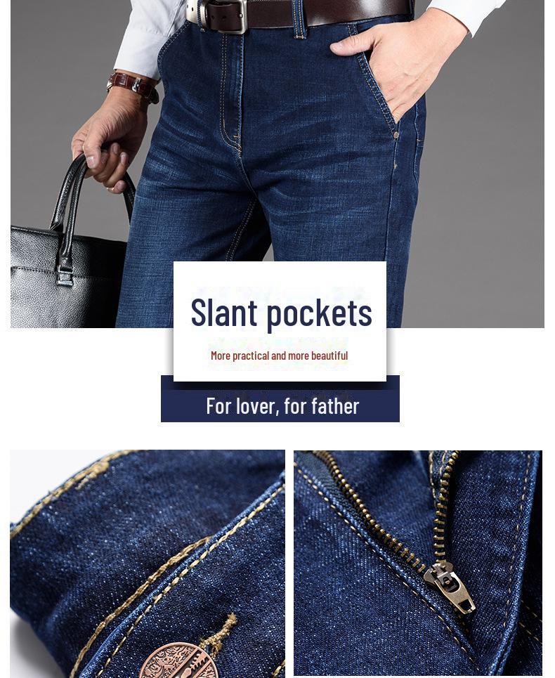 Мужские джинсы прямого кроя с высокой талией и косыми карманами для осени/зимы — повседневные, большого размера, универсальные для людей среднего и пожилого возраста.
