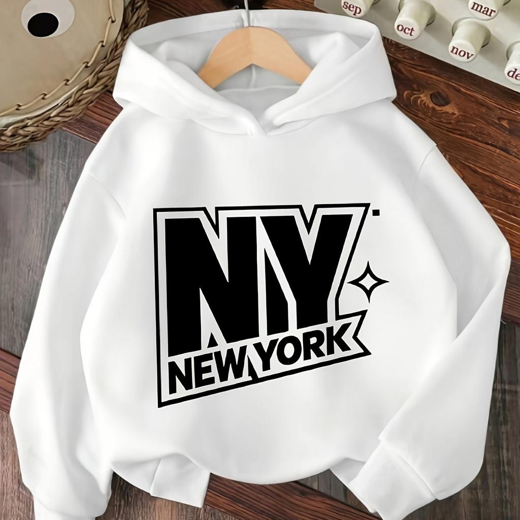 Мальчиковая толстовка с капюшоном на осень/зиму с надписью "NY NY", выполненная в простом стиле американской спортивной одежды с ретро-уличным ощущением.