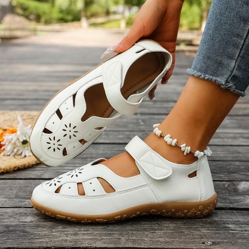 Non-slip Soft Leather Summer Single Shoes Fashion Round Toe Soft Sole Comfortable Casual Hollow Out Breathable Flats