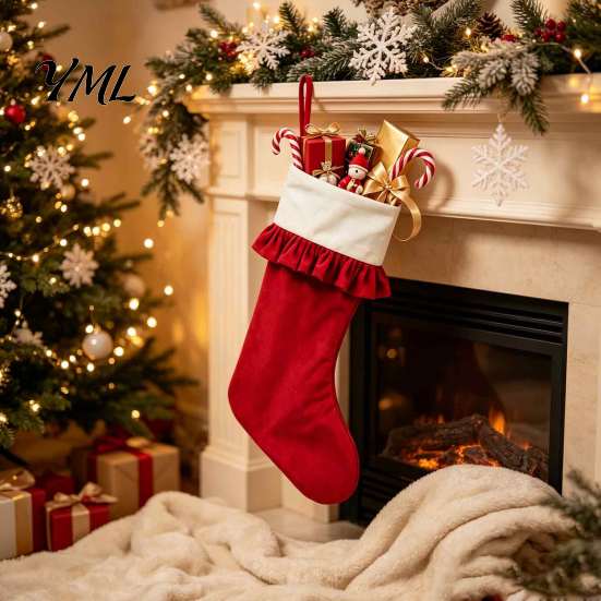 Vintage Style Lace Christmas Stockings Large Ruffled Cuff Stockings, Thick Xmas Gift Sack with Hanging Small Candy Pouches for Rope, Fireplace Present