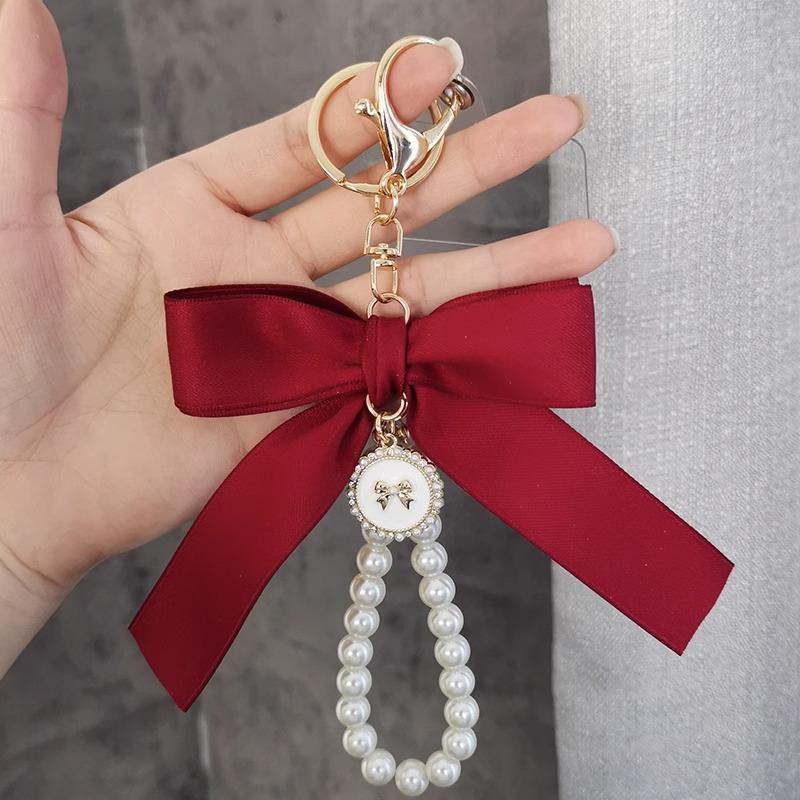 Key Bag Pendant Accessories Faux Pearl Bow Keychain Cute Beaded Bracelet Key Chain For Purse Bag Backpack Car Charm Ribbon