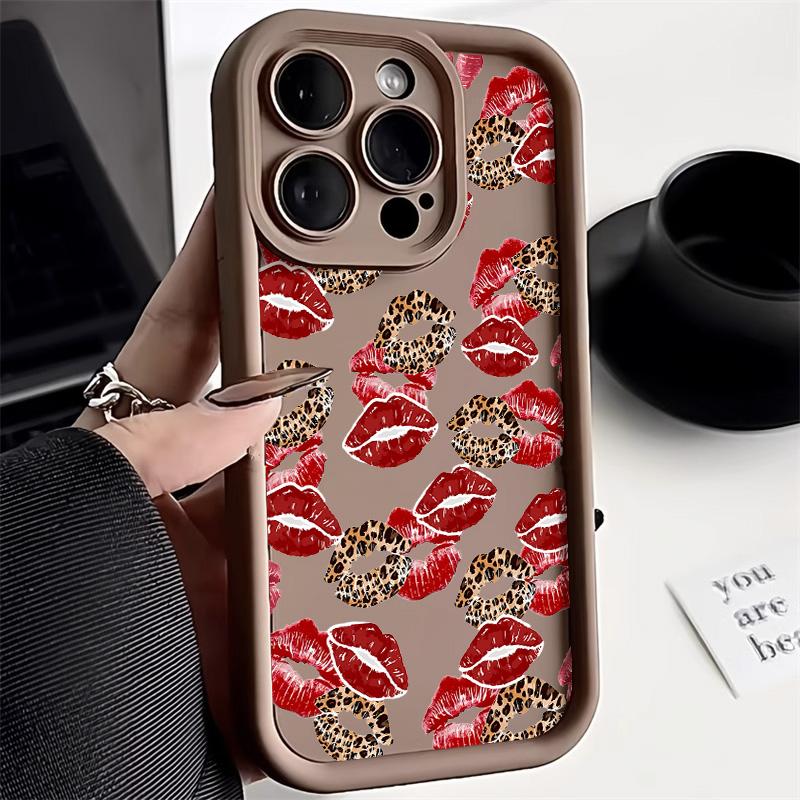 Black And Red Lips Kiss Print Phone Case For 13 Case 16 Pro 11 12 14 15 17 Pro Max 16e XR XS Soft Silicone Cover