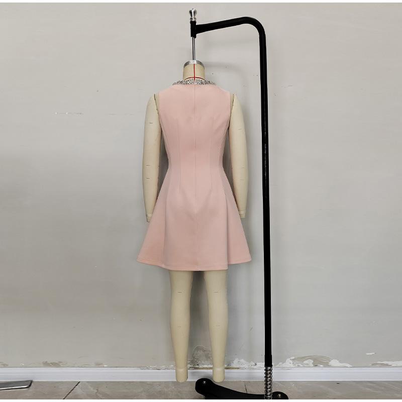 Ladies' Full Diamond Collar Studded Pearl Dress with Crystal Decoration Summer New Pink Waist Cinched Dress Temperament Short Sleeveless Women's Skirt