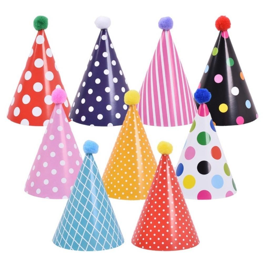 Polka Dot Birthday Party Hats Colorful with Pom Poms Birthday Hat Set DIY Handmade Paper Birthday Crown Hat Birthday Party