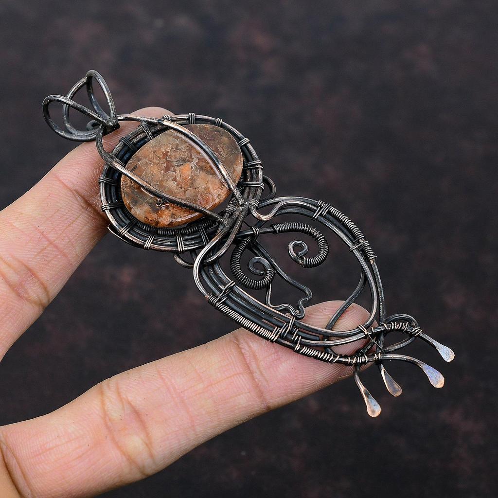 Подвеска Sunstone, медная проволочная обертка, ювелирное изделие, подвеска из драгоценного камня, сказочная подвеска Sunstone, ювелирное изделие ручной работы из меди, проволочная обертка, подвеска для подарка