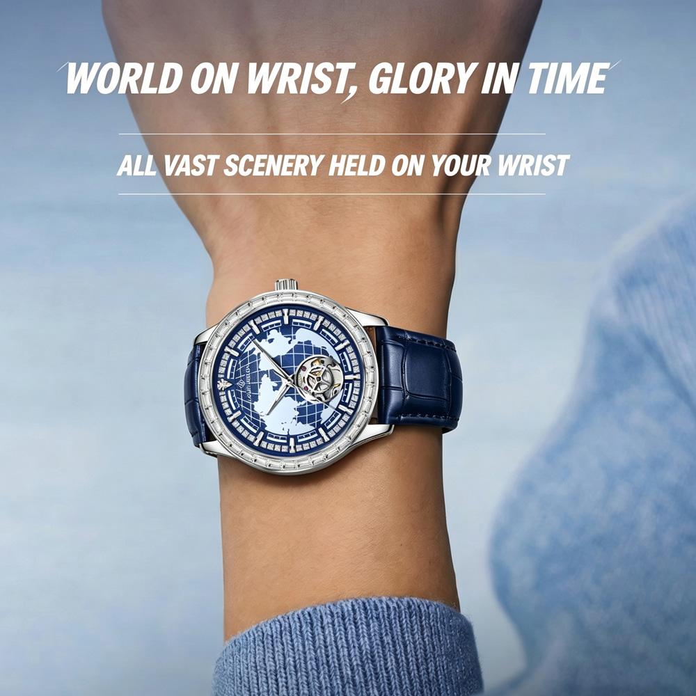 LOUIEJUELEN Men's Mechanical Watch Globe Dial Water-Resistant Versatile for Business and Casual Wear watches for man
