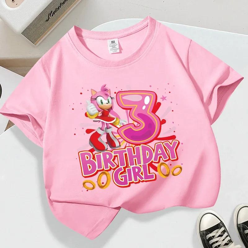 Summer Breathable T-shirts Short Sleeves Shirt Gift Sonics New Pink T-shirt for Girls Birthday Number 1-9 Cute Cartoon White Tee