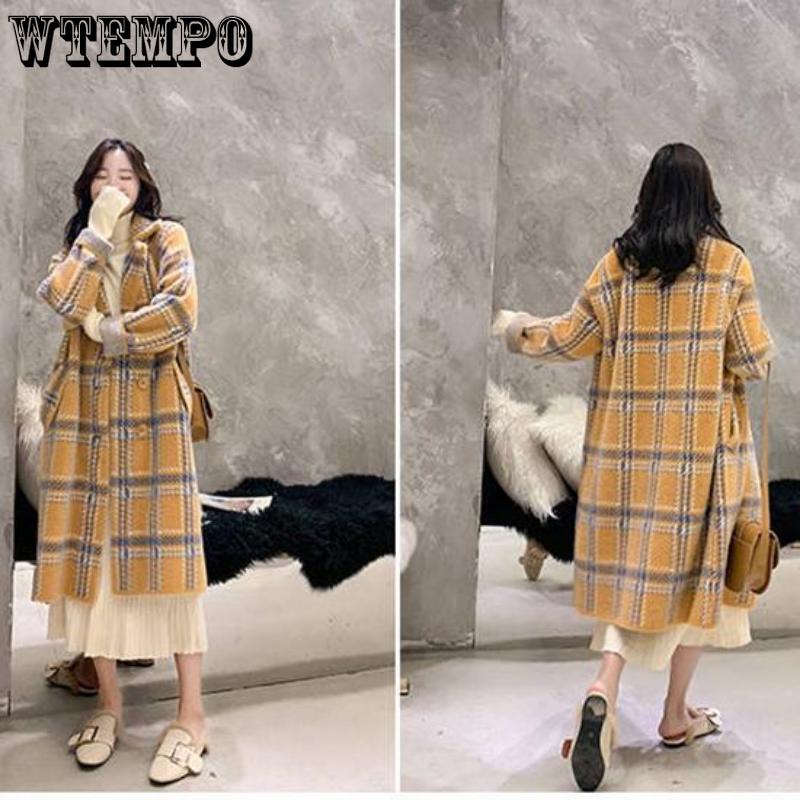 Женские пальто и куртки Модные женские клетчатые двубортные шерстяные пальто Женские пальто