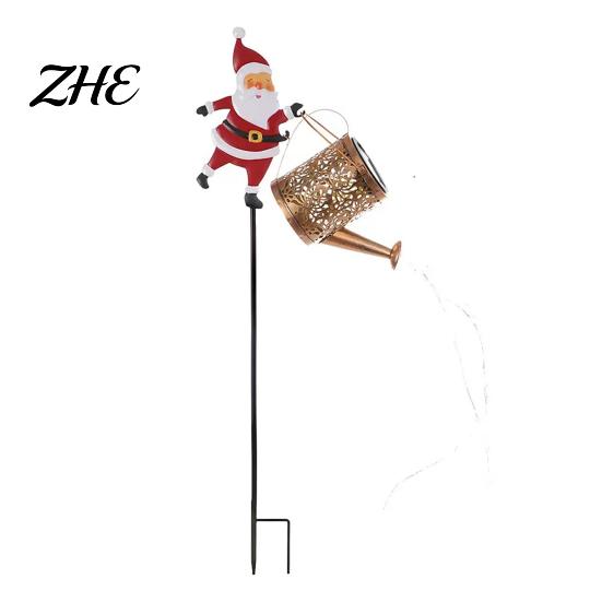 Waterproof Solar Path Lighting Christmas Santa Kettle Light, Solar-Powered Claus Watering Can Stake Lamp Metal Yard Ornaments for Gift with