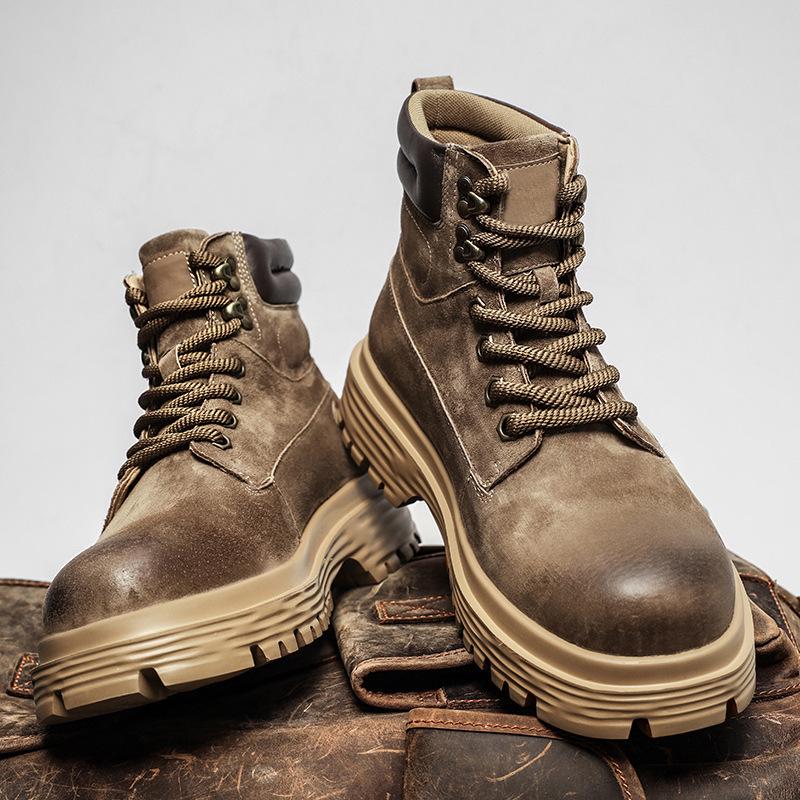 Мужские осенне-зимние ботинки хай-топ из натуральной кожи, плюшевые уличные рабочие ботинки желтого цвета в британском стиле