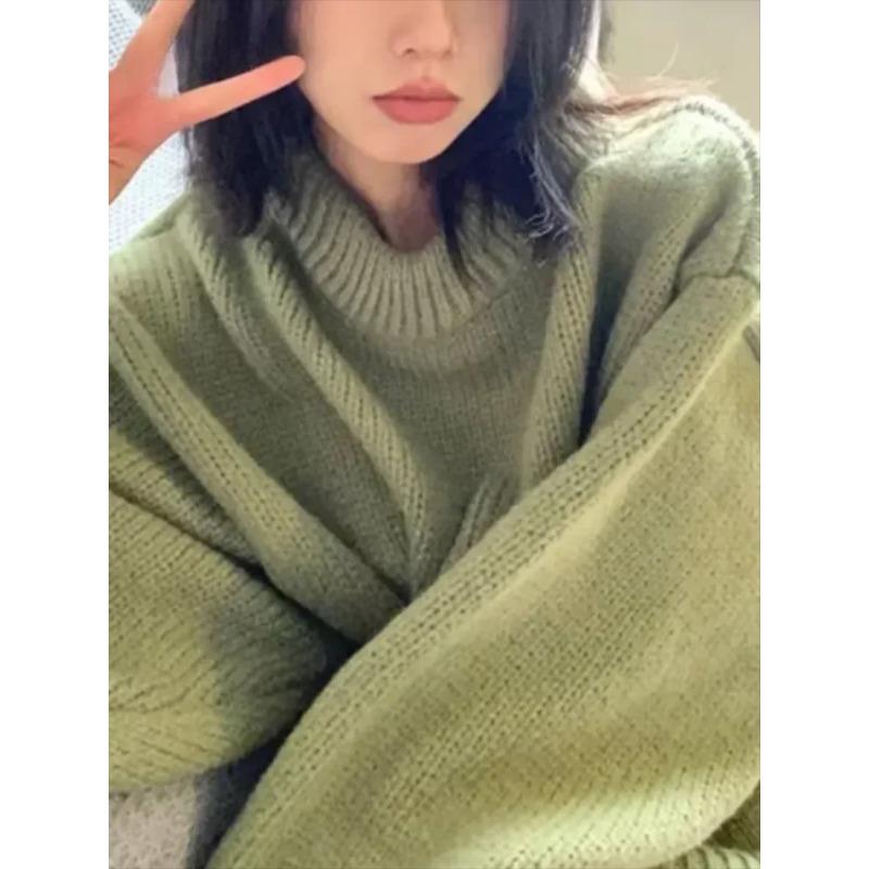 Зеленые свитера в стиле преппи, женские винтажные трикотажные пуловеры с длинным рукавом, женские повседневные свободные однотонные свитера с круглым вырезом
