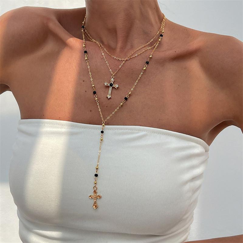 Cross Pendant Necklace For Women With Layered Y Design And Fringes