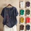 Retro Cotton Linen Short Sleeve Embroidered Flower Women's T-shirt Crew Neck Plus Size Tops Summer Shirt