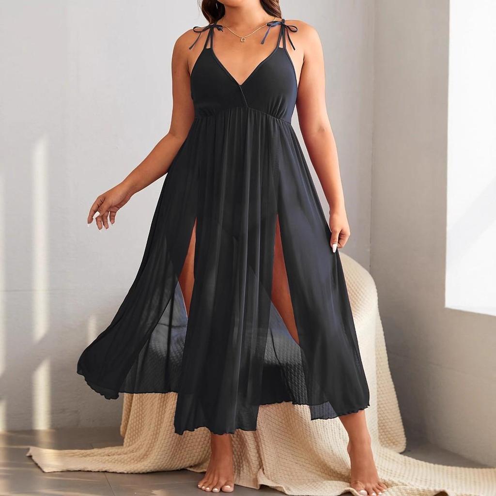 Европейское и американское женское сексуальное кружевное халат: Элегантная однотонная ночная рубашка на тонких бретельках