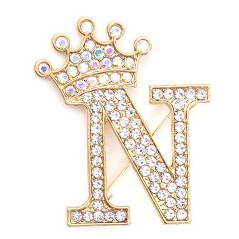 Fashion Crown 26 Initial Letters A To Z Crystal Rhinestone Brooch Pins Women