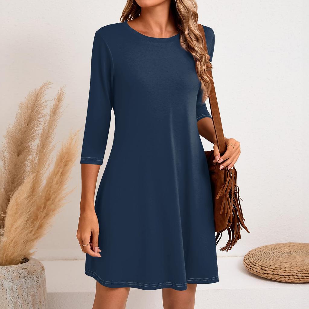 Женское модное повседневное однотонное короткое платье с круглым вырезом и рукавом три четверти