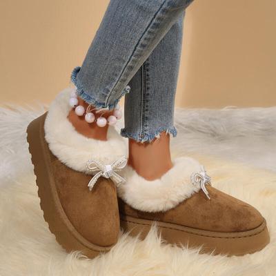 Зимние женские теплые плюшевые ботильоны на толстой подошве и платформе с милым бантиком, новые пушистые нескользящие ботинки