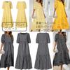 Tiered Gingham Check Floral Print Short Puff Sleeve Long Dress [1/2style] Women's A-Line (JP, Alphabet, XL, Black)