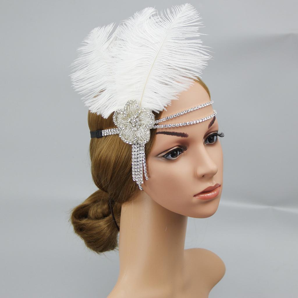 Винтажная бриллиантовая фронтальная повязка на голову, черная, 1920-е годы, белая повязка на голову с перьями и кисточками, свадебный, бальный, банкетный головной убор