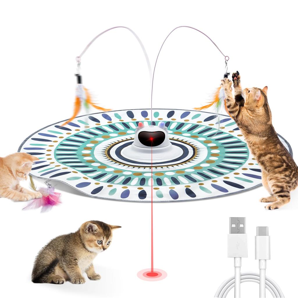 Automatic Cat Toy for Solo Play, Featuring a Cat Teaser, Hide-and-Seek, Fluttering Feathers, LED Light, and Automatic Laser. Popular 4-in-1 Cat Toy