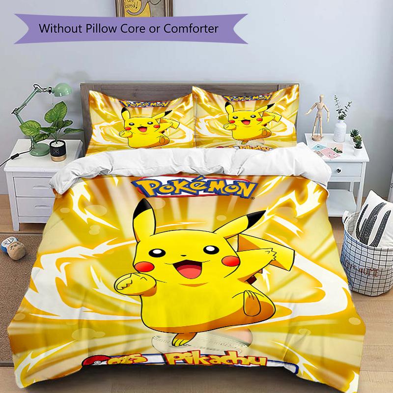 3pcs bedding set Pikachu Electric Includes 1 Comforter + 2 Pillowcases, Without Pillow Inserts, Soft Comfortable, Lightweight Breathable, Pr