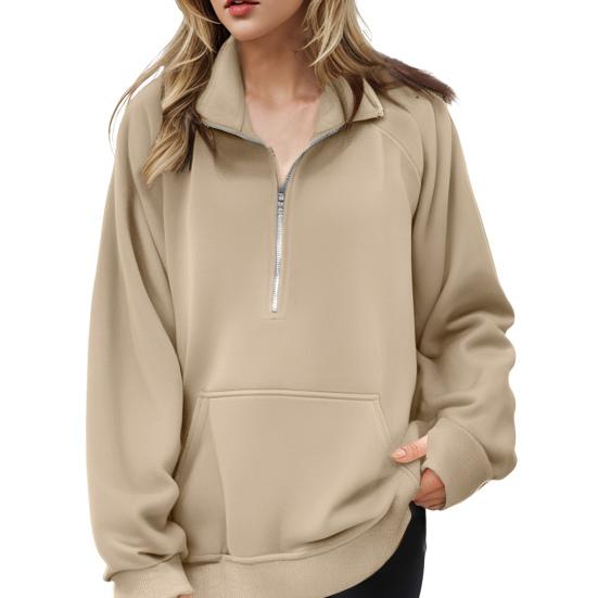 Women Fall Winter Sweatshirt Lapel Zipper Half Placket Long Sleeve Front Pocket Pullover Tops Solid Color Loose Fit Sport Sweatshirt