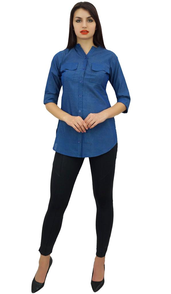 Phagun Женская рубашка с рукавами 3-4, синяя, на пуговицах, блузка, повседневная туника, топ -