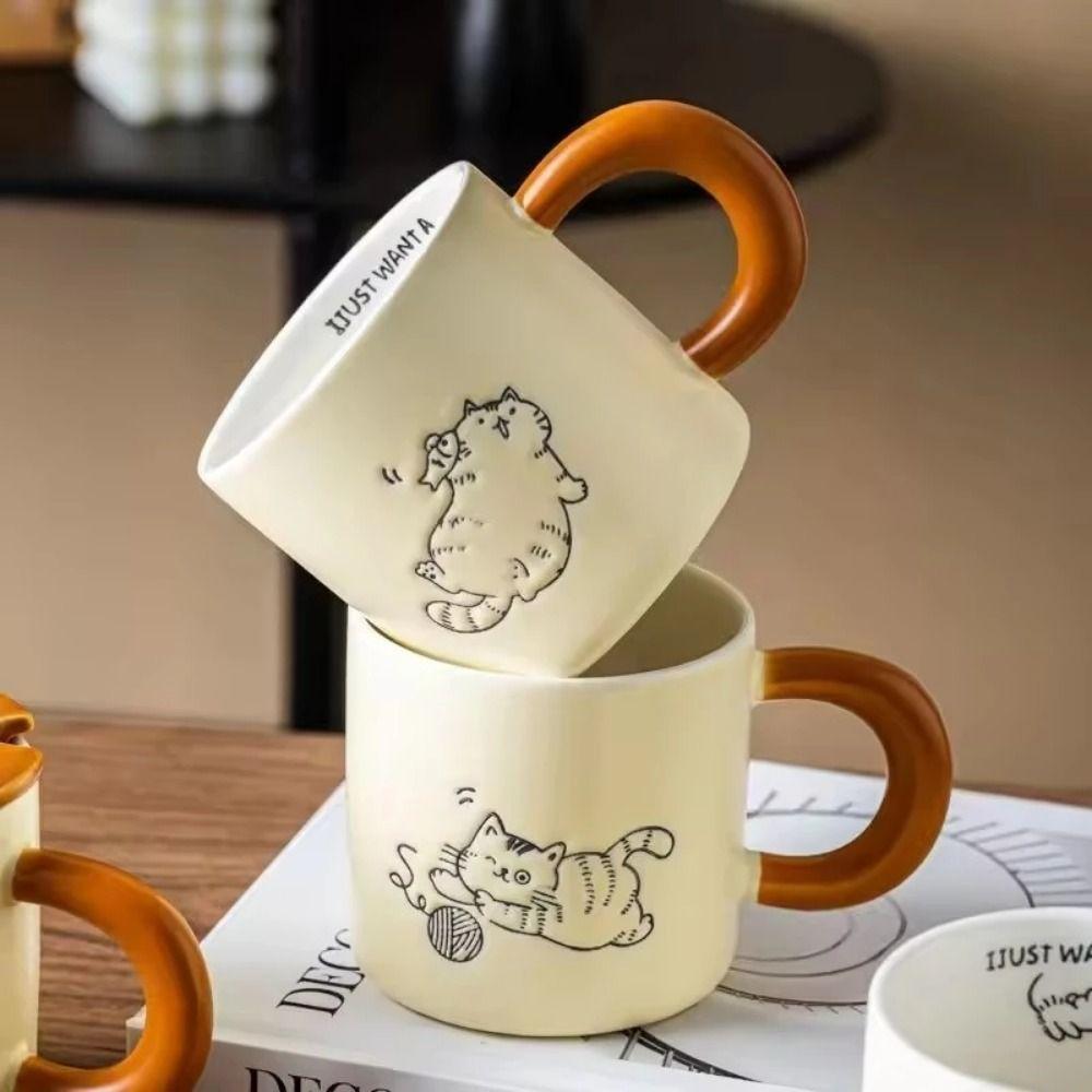 Cute Cat Pattern Ceramic Coffee Cup with Spoon Cartoon Cat Drinkware Cat Vintage Mug Office