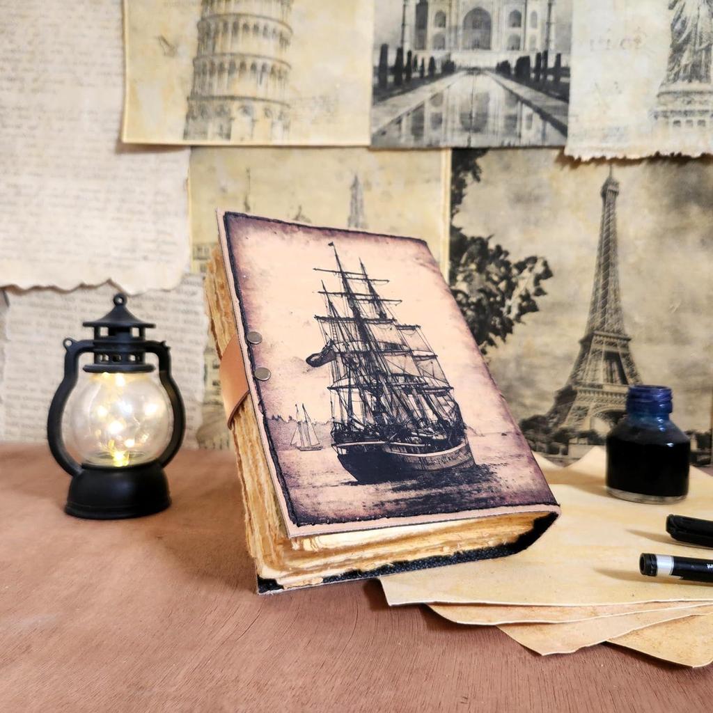 Sailing Ship Leather Journal Dairy Notebook Sketchbook 200 Deckle Papers C-Shape Lock for Closure