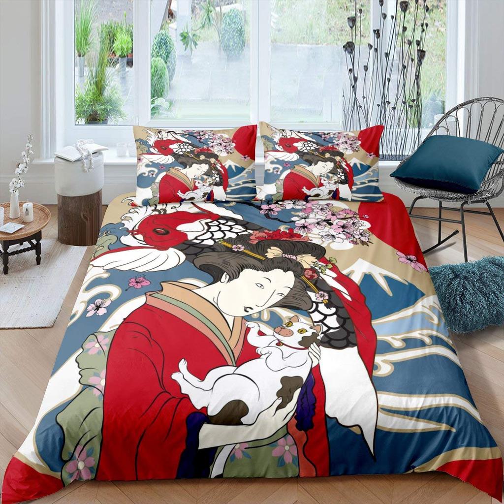 Japanese Style King Queen Duvet Cover Koi Fish Cherry Bedding Set Ukiyo-E Geisha Quilt Cover Sun Crane Polyester Comforter Cover