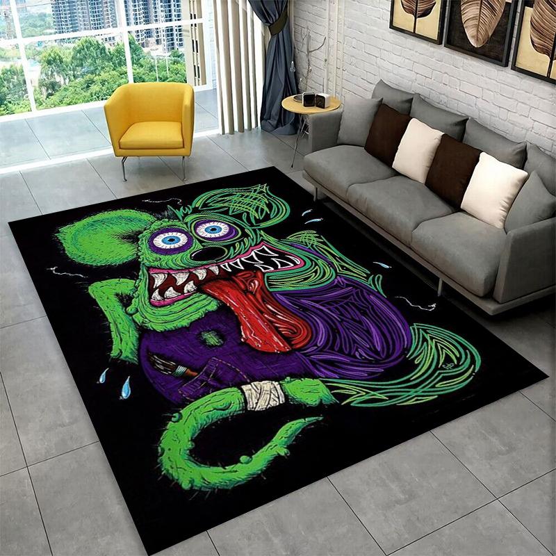 3D Rat Fink Cartoon Racing Car Moto Sign Carpet Rug for Bedroom Living Room Sofa Doormat Home Decor,Kid Game Area Rug Non-slip