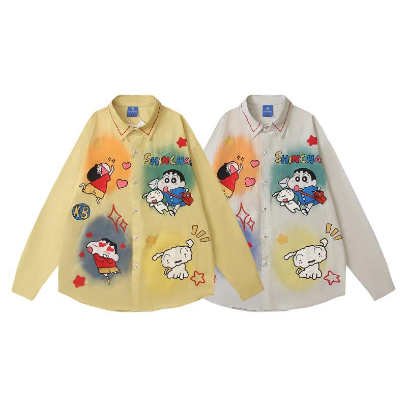 American Vintage Cartoon Embroidery Long Sleeve Shirt Loose Fit Casual Top Couples Teens