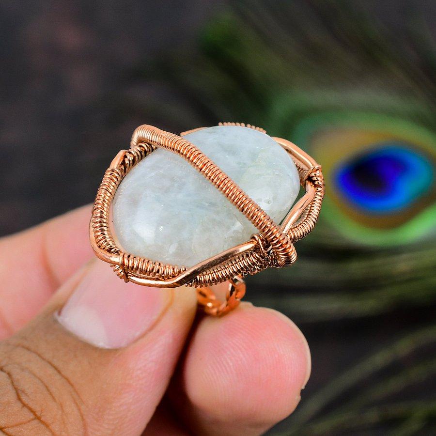 Радужный лунный камень ручной работы, украшение из медной проволоки, кольцо, размер 5 J7l56
