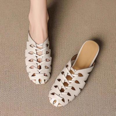 Мода Новая Мода Винтаж Простые Плетеные Вырезы Римские Туфли Женские На Одном Ремне Блочный Каблук Баотоу С Мелкой Союзкой Универсальные Сандалии на Низком Каблуке