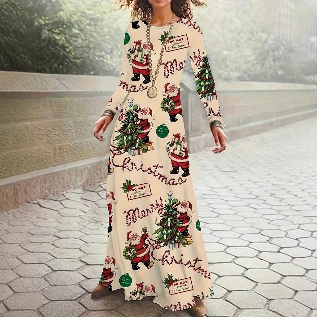 LYRIA Christmas Theme Long Sleeve Round Neck Dress Elegant Commute Style Polyester Fabric Printed Pattern Color Block Autumn Winter